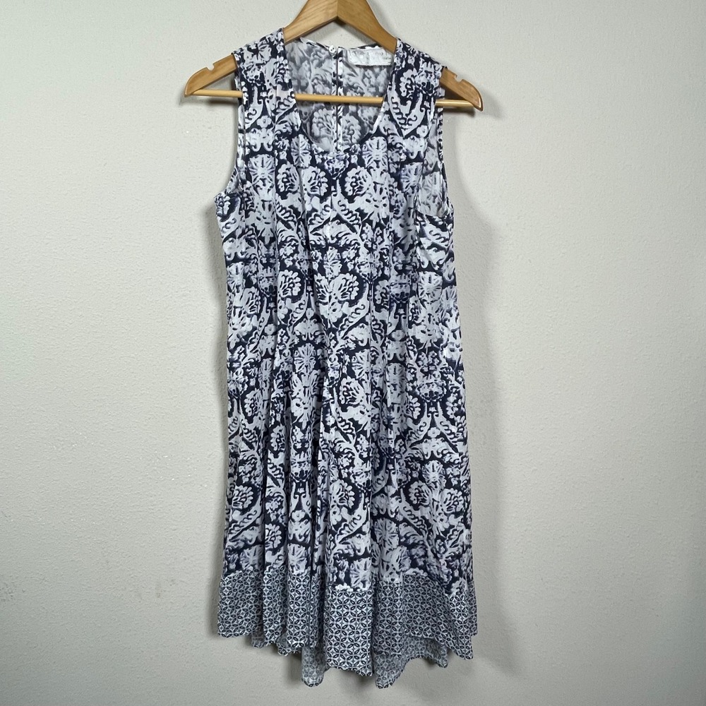 Cino Cotton Damask Print Sleeveless Dress Women L Blue White Boho Coastal Resort